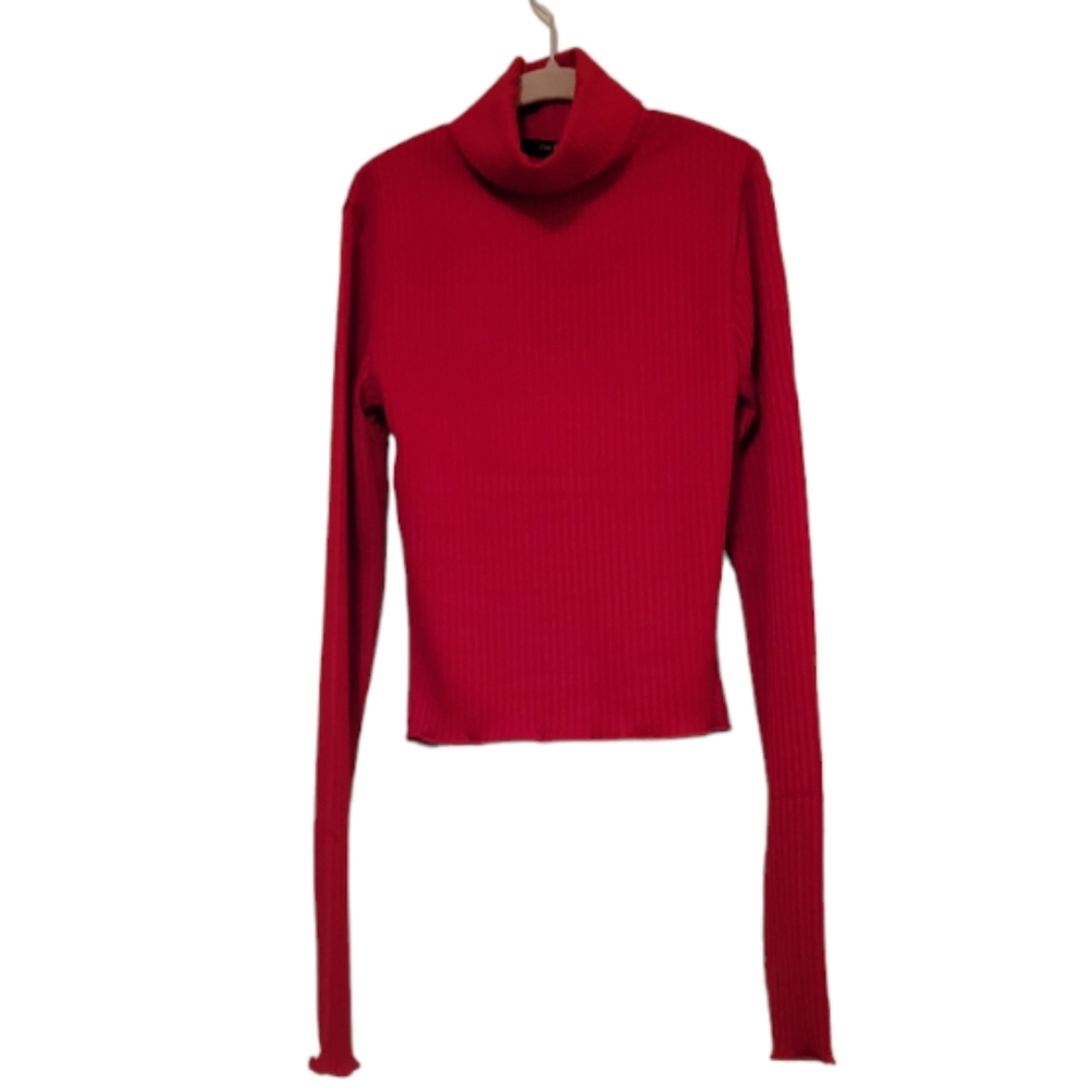 Red Forever 21 Women's Turtleneck Lettuce Edge Crop Top